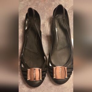 Salvatore Ferragamo Black Jelly Flats with Rose Gold Buckle